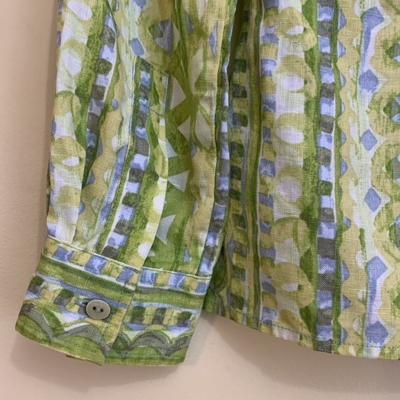 Sigrid Olsen | 100% Linen Green White Mixed Print Button Down Collared Shirt XS - Picture 15 of 17